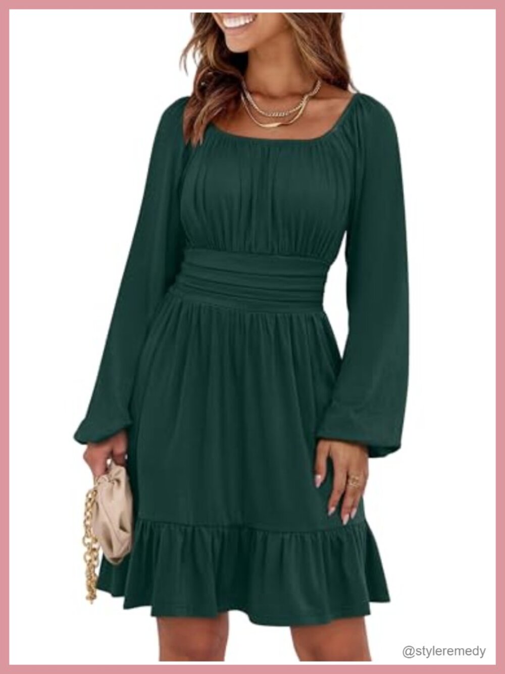 Women's Long Lantern Sleeve Square Neck A-Line Short Dress Casual